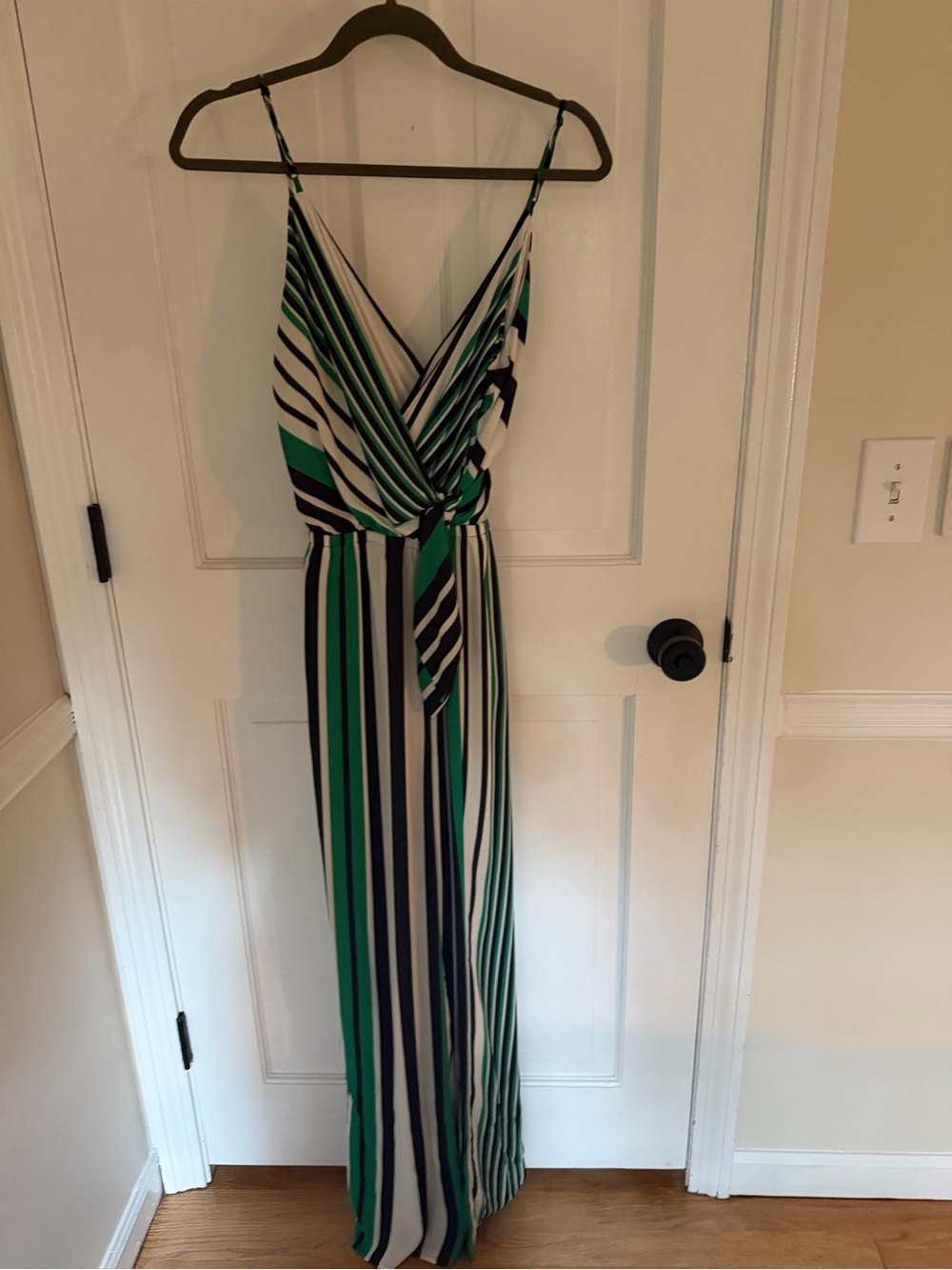 Express Green, Navy & White Striped Maxi Dress with Tie Waist